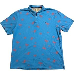 Volcom Flamingoed Polo Shirt Mens XL Blue Pink All Over Flamingo Print A01114T3